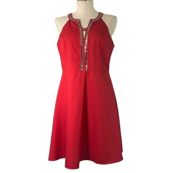Ya Los Angeles Sequin Beaded Fit & Flare Midi Dress - Red/Silver, Size Large - Picture 1 of 7